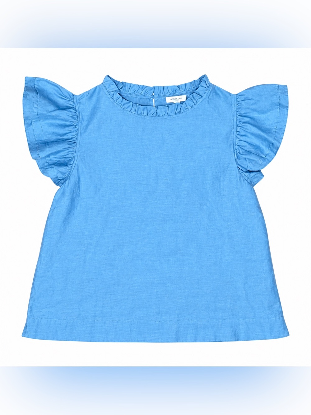 Anni Kuan Mila Top XL Blue Ruffle Sleeve Blouse NWOT